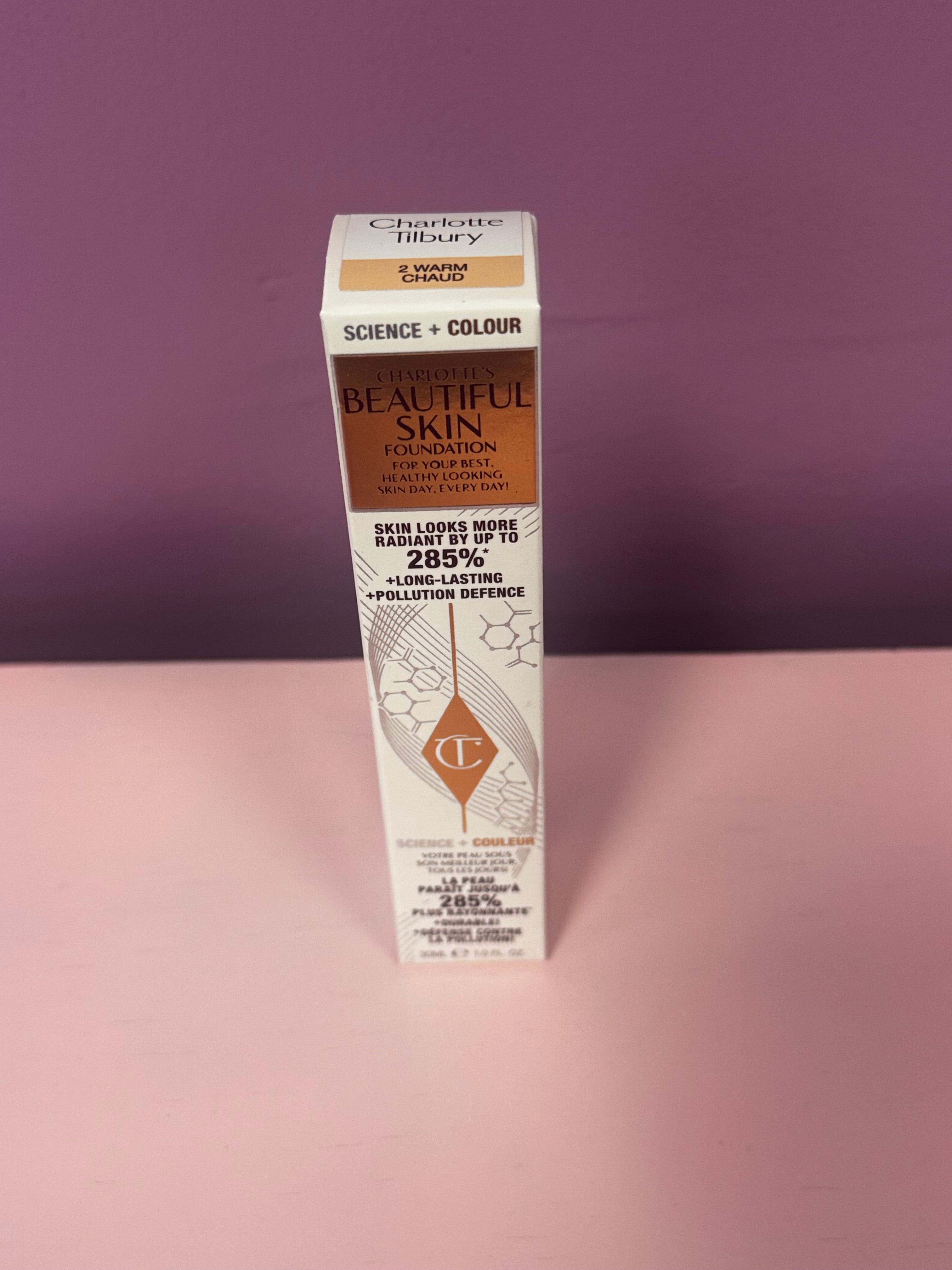 Charlotte Tilbury Beautiful Skin Foundation (Shade 2 Warm, 1 fl oz / 30 mL).