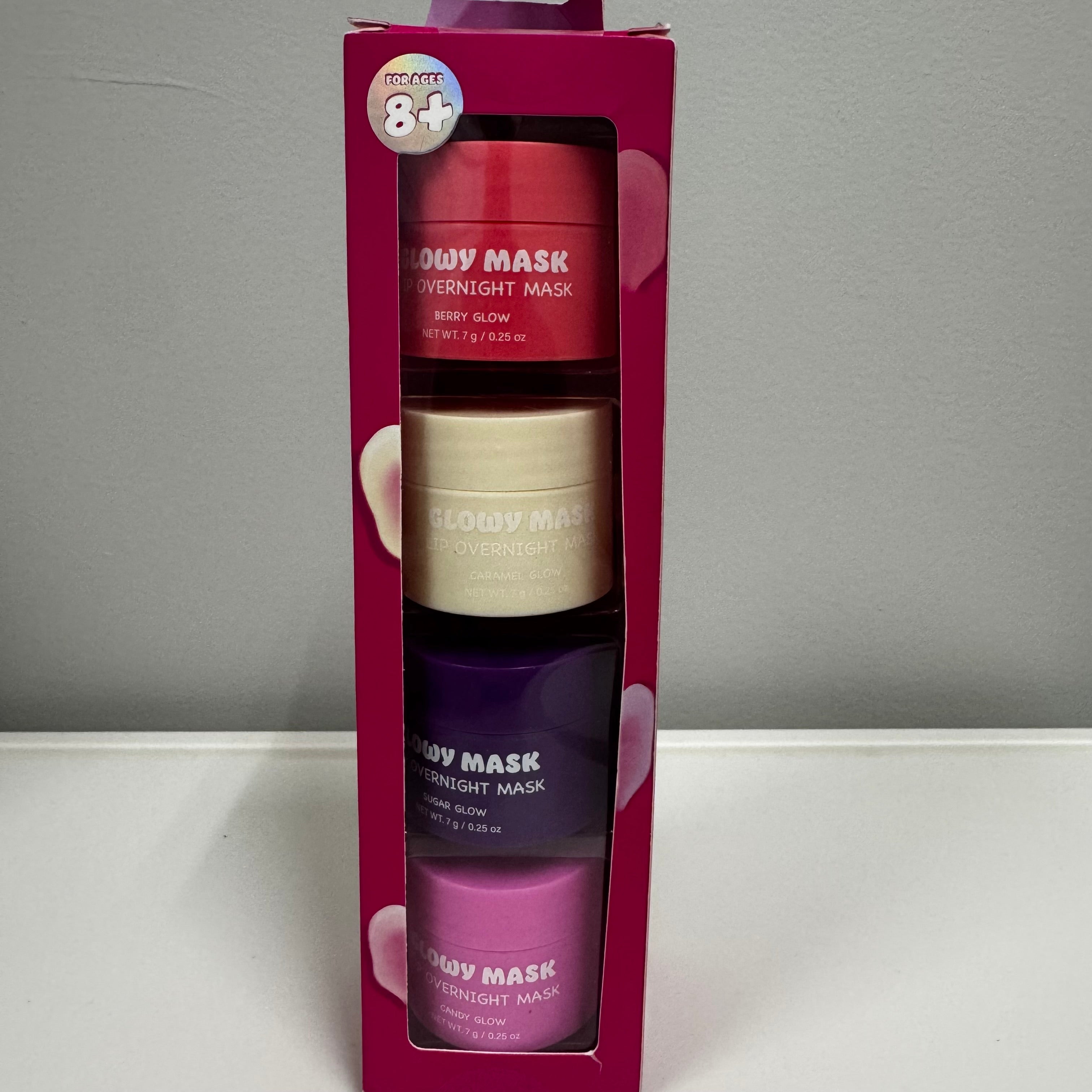 Glowy Mask – Lip Overnight Mask Set (4 Flavors: Berry, Caramel, Sugar, Candy Glow)